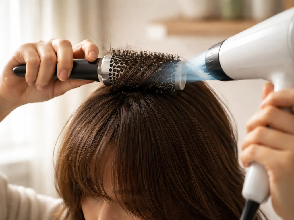 Hands using a round brush and blow dryer to direct airflow and tame a cowlick in the fringe