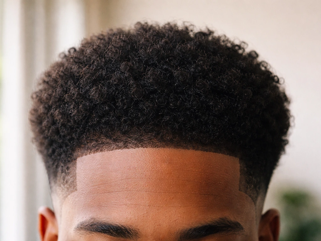Close-up of a rounded afro regrowing from a visible fade line, showing top-to-sides transition.