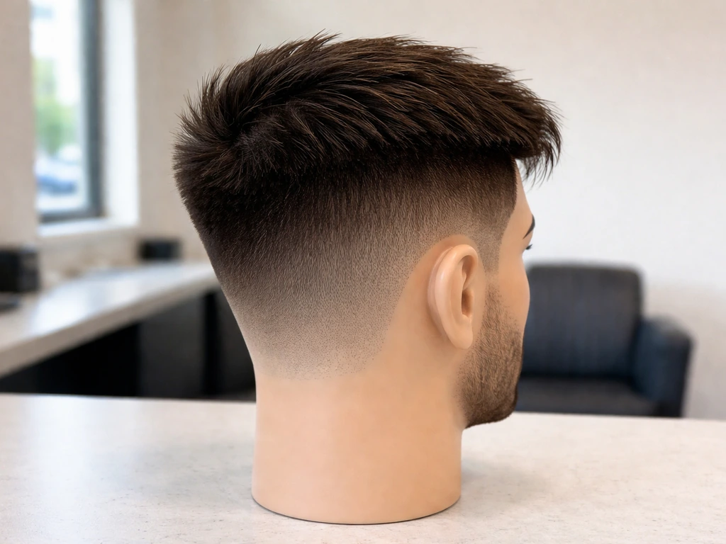 Barber workstation showing close-up hair fade grow-out: tapered sides near-skin with longer top above.