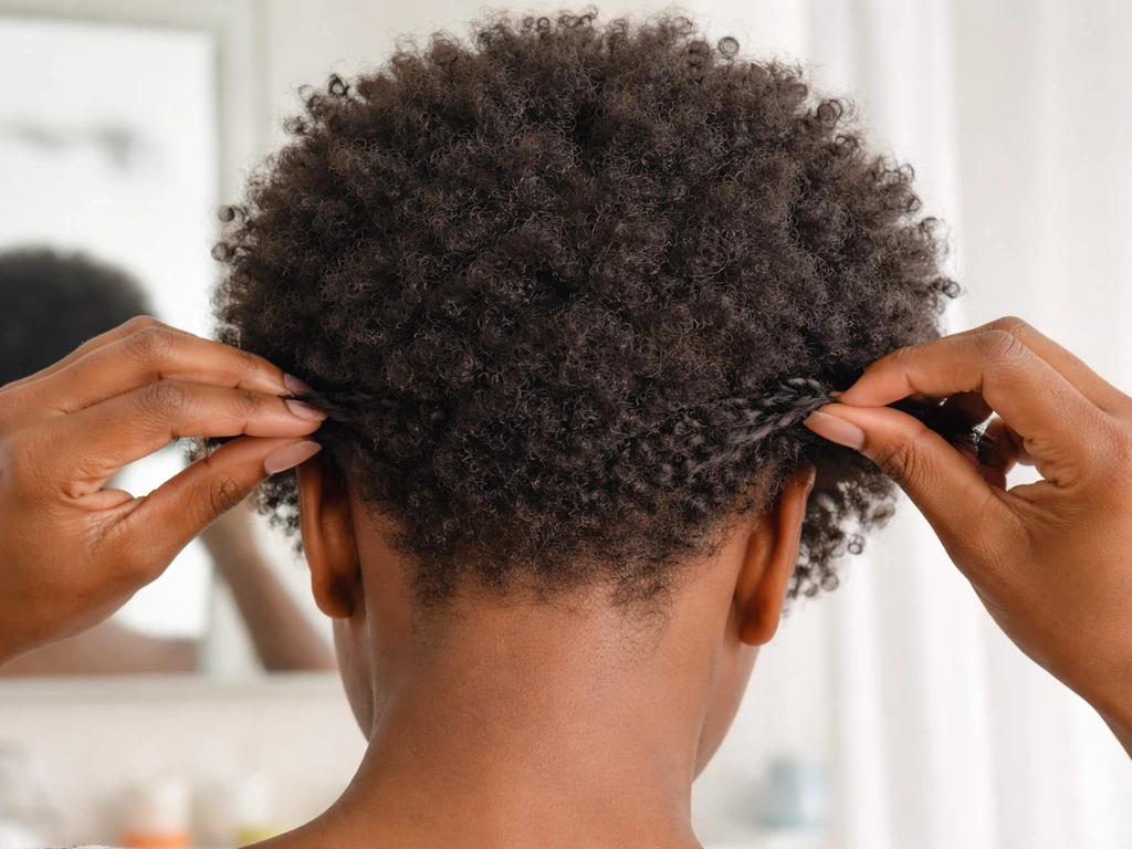 Natural hair close-up with fluffy sides shaped by a simple twist-out/coil framing in soft light.