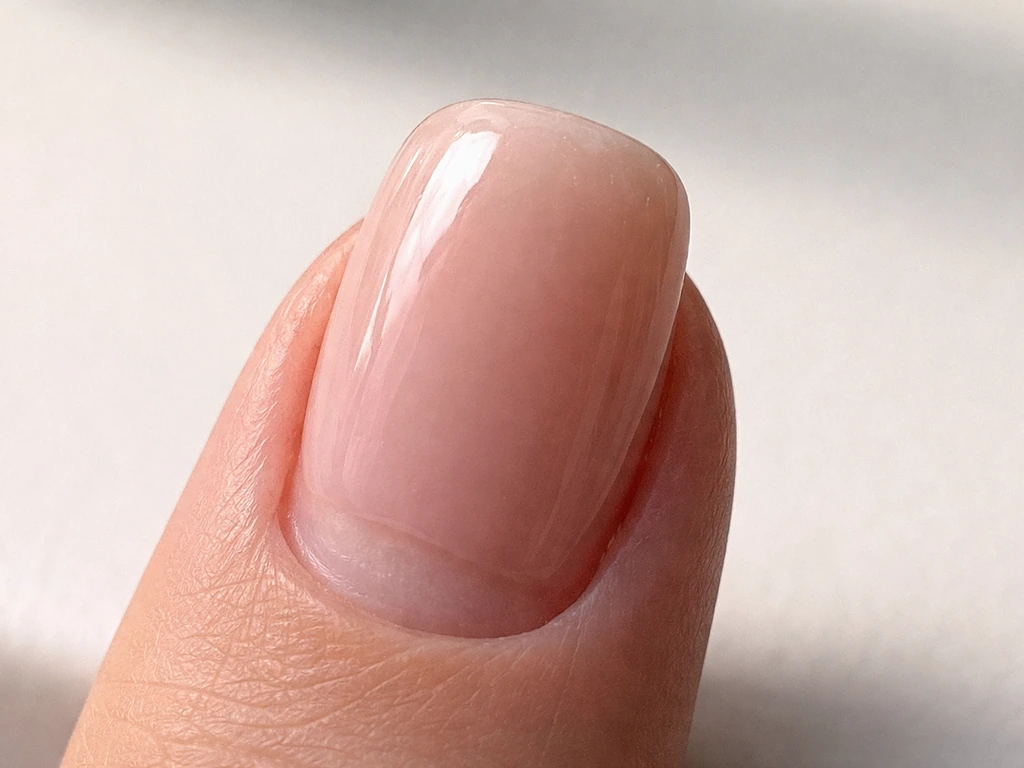 Close-up of a growing mushroom-shaped manicure nail, fuller rounded top and uneven side growth at the edges.
