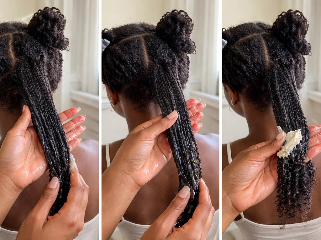 Hands apply leave-in liquid, then oil, then cream to sectioned coily hair for moisture retention.