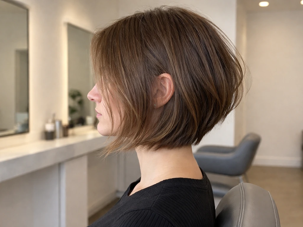 Woman in a styling chair with an angled A-line bob grow-out look, showcasing front-longer strands