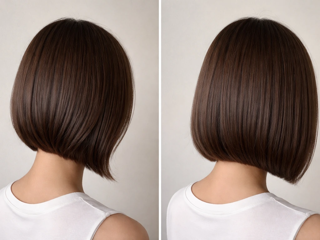 Two simple hair-styling shots showing an a-line bob at shorter and longer growth stages, side-by-side.