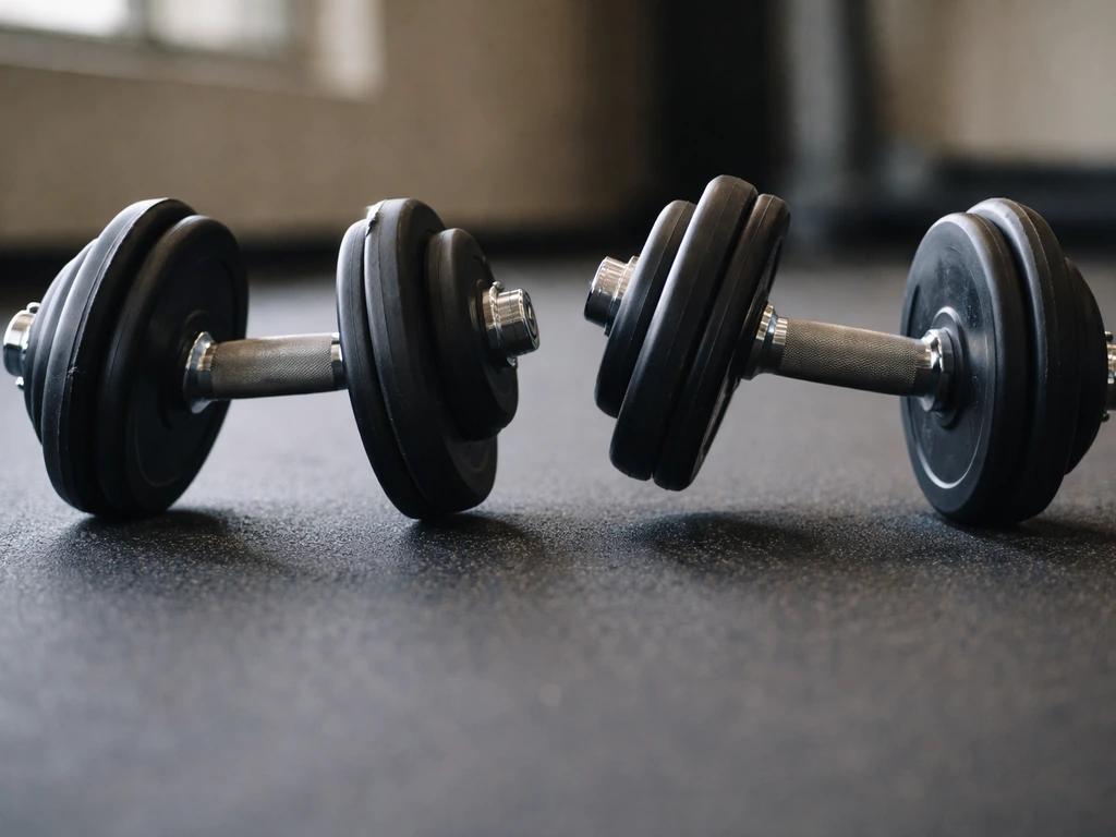 Close-up of a pair of exercise dumbbells on a gym floor as the ends tilt outward, showing an unstable flip-out stage.