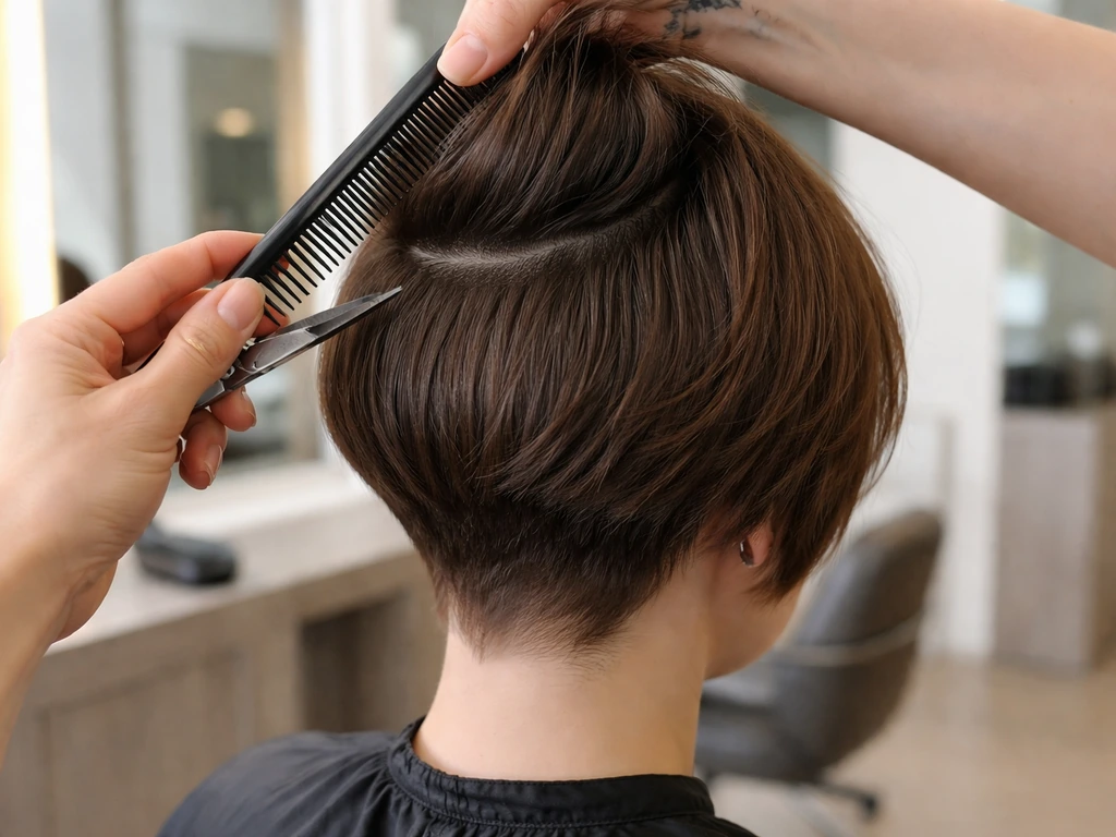 Anonymous hairstylist trimming a client’s back layers in a salon, showing controlled bulk and undercut area.