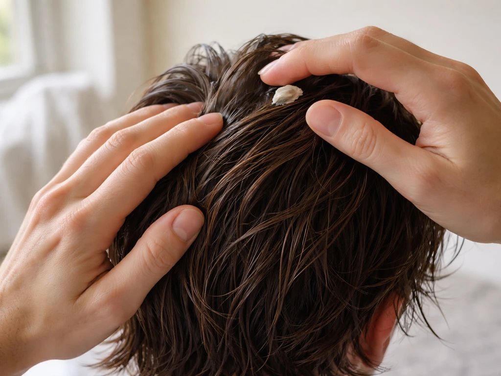 Hands applying matte cream to towel-dried damp mid-length hair in a simple bathroom.