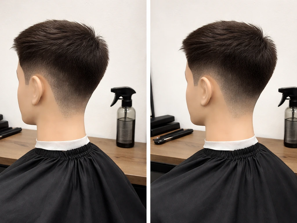Barbershop scene showing two taped mannequins with different side/neckline fade styles as hair grows out.