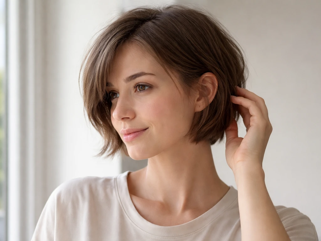 Woman in a simple room holding her hair, showing a grown-out pixie transitioning toward a bob