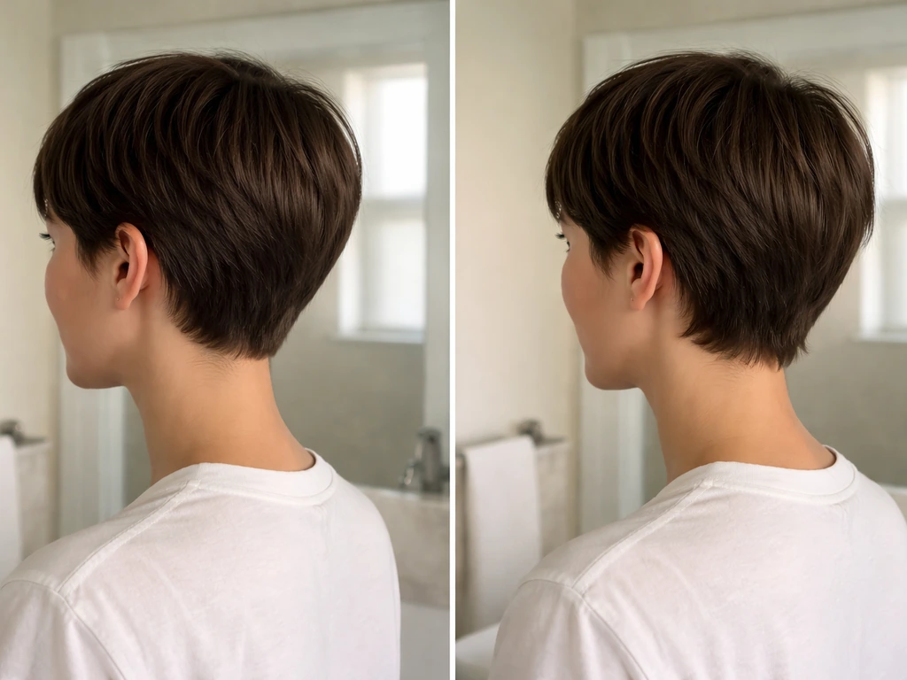 Two side-by-side views of an anonymous person’s hair: short pixie vs early grow-out stage.