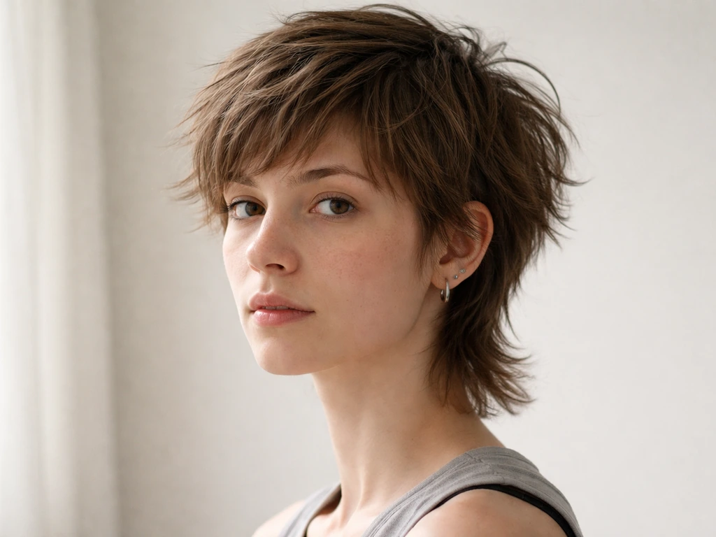 Front/side view of an overgrown pixie haircut with puffier sides and an awkward mullet-like back shape.