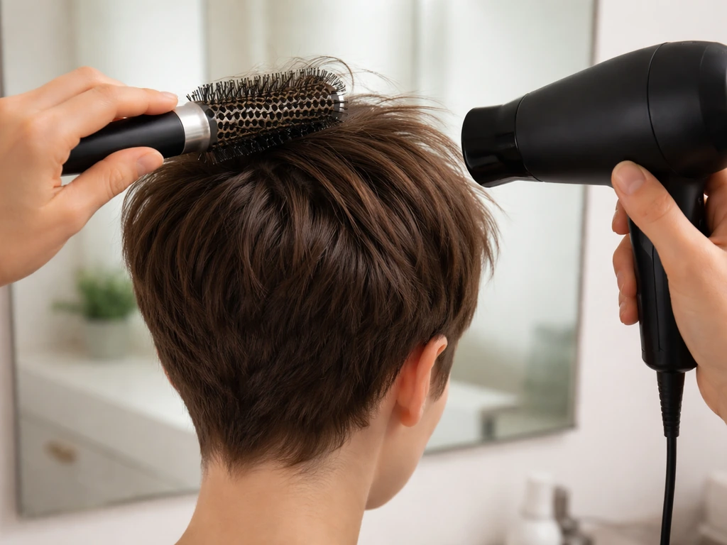Hands blow-drying and brushing a fringe at a bathroom sink during hair grow-out styling