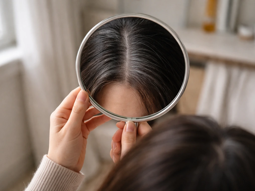 Home mirror selfie showing grey roots growing out, awkward stage, and hand mirror held by a person
