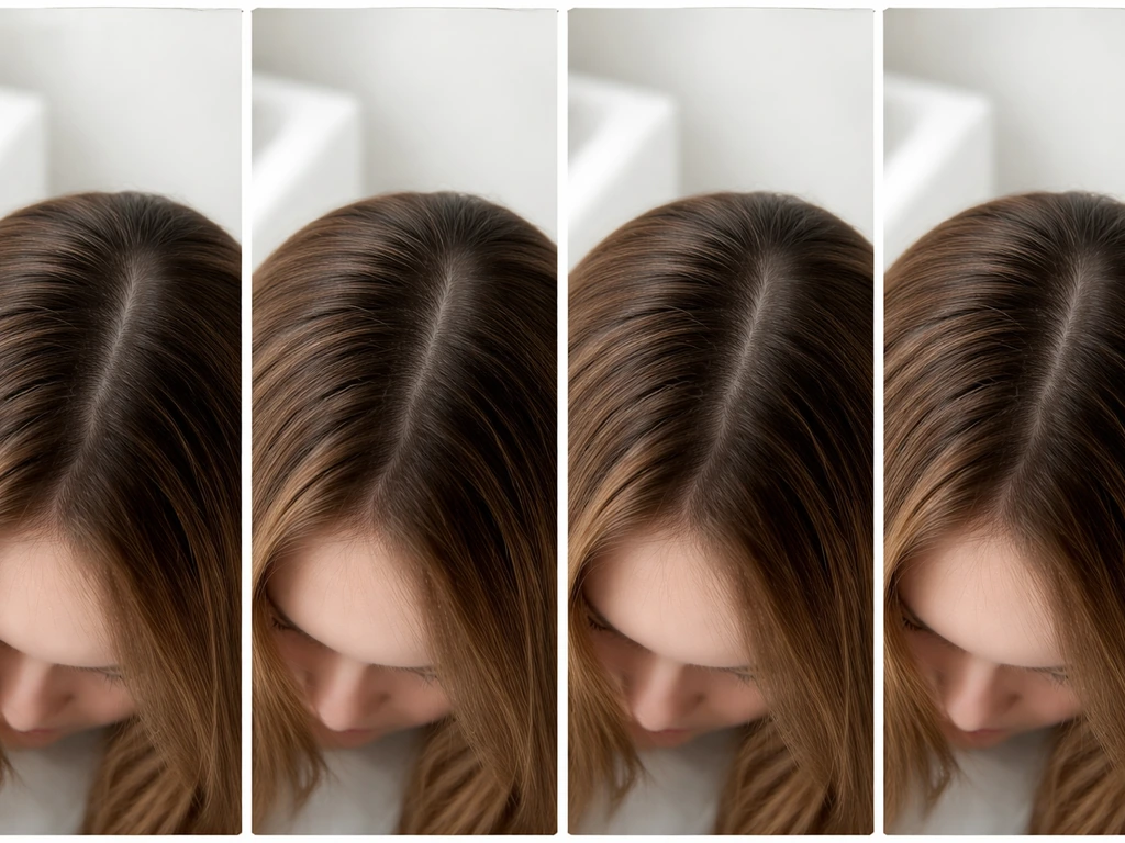 Four-stage close-up of dyed hair roots becoming more visible from week 1 to week 4.