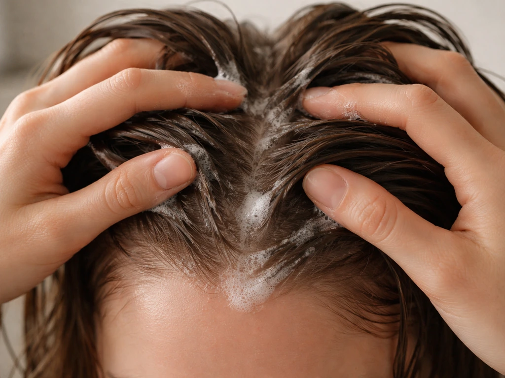 Hands lather gentle shampoo on scalp only while hair is held off the scalp.