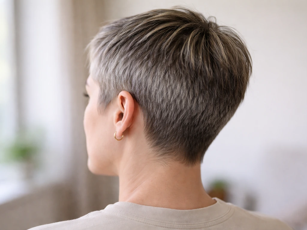 Anonymous close-up of short hair in the awkward pixie/buzz grow-out stage with grey root regrowth and darker dyed remnan