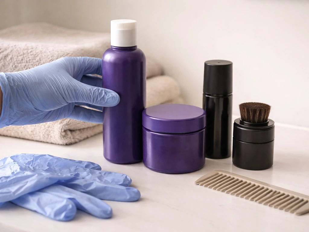 Purple/blue toning products, root spray and powder, gloves, and comb laid out on a bathroom counter.