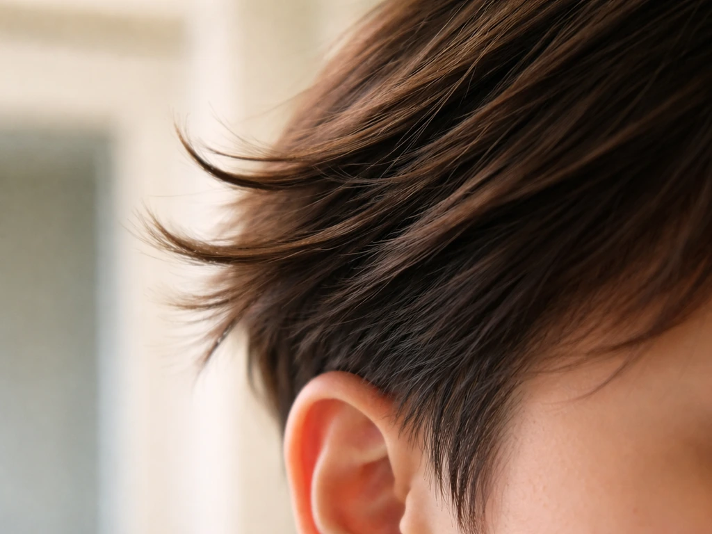 Close-up of side hair near the temple showing strands exiting at an outward angle, not lying flat.