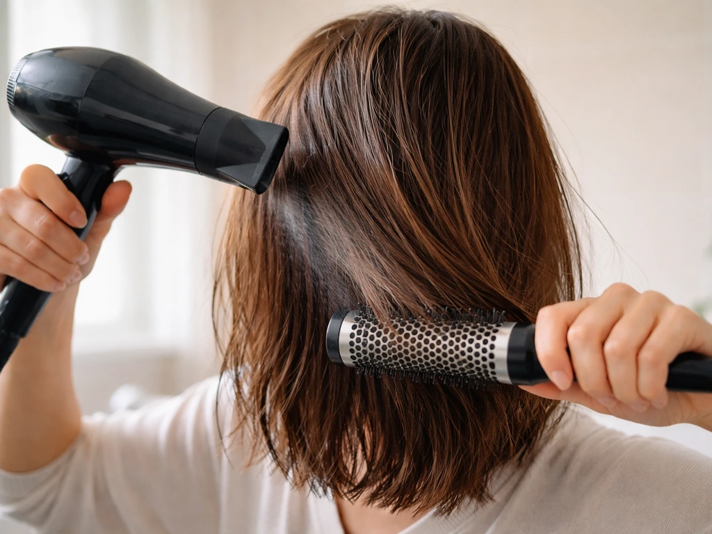 Close-up of a side hair blow-dry with a round brush brushing downward to train hair fall.