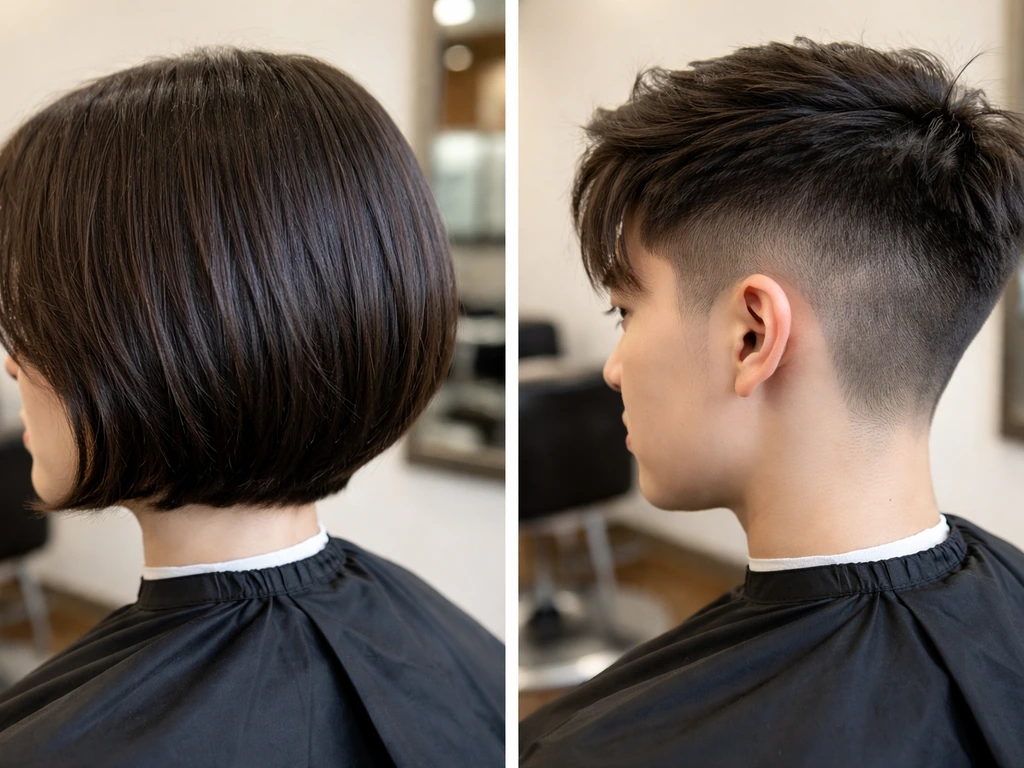 Two realistic close-up views of hair lengths: blunt helpful side cut versus high undercut fade removing side bulk.