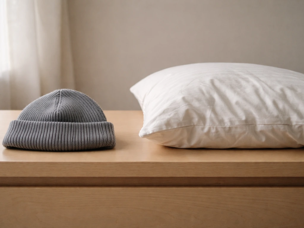 Snug beanie beside a pillow arranged to show how tight headwear and sleep position can push hair outward.