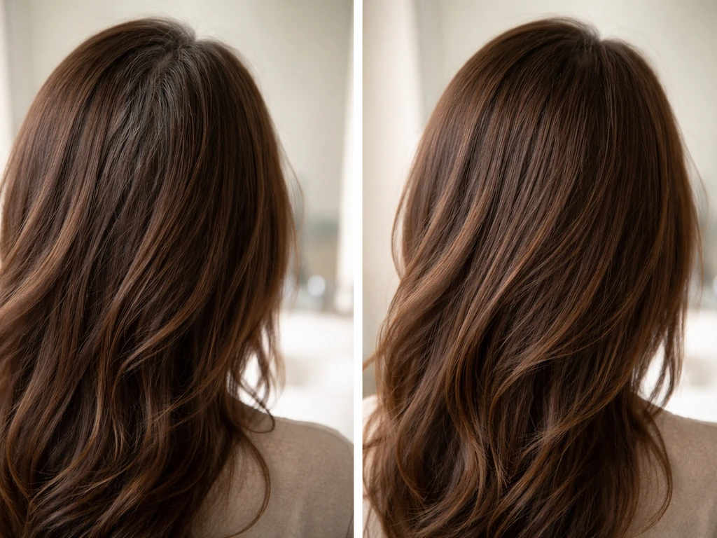 Discreet side-by-side mirror view of gray regrowth blending naturally with styled hair.