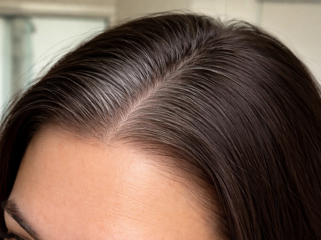 Close-up of dark dyed roots with visible gray regrowth along the hairline in soft natural light.