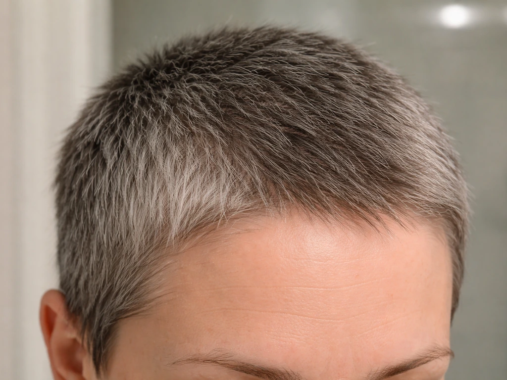 Close-up of short pixie-to-buzz regrowth with gray strands and a clean, intentional haircut silhouette