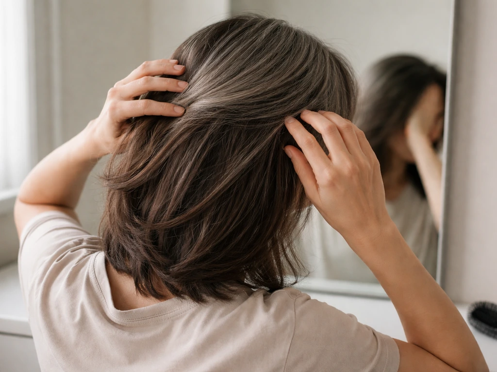 Person styling gray hair with a side-swept layered look that softens the transition