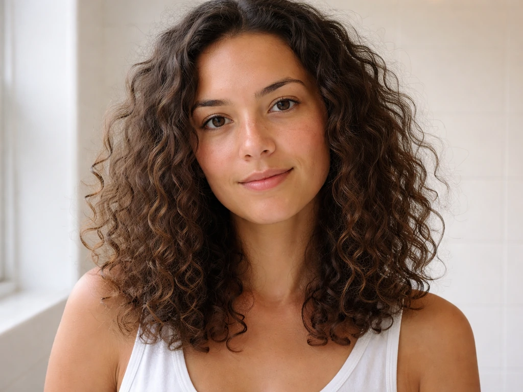 Person with shoulder-length frizzy hair showing manageable grow-out texture and minimal flyaways