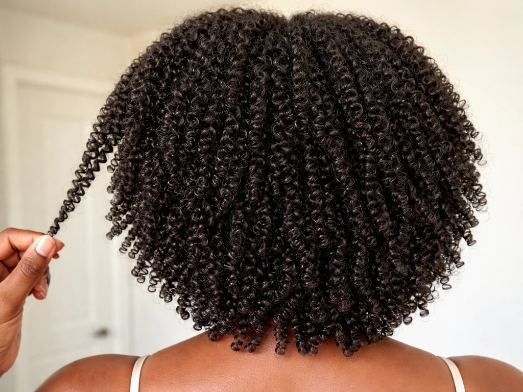 Close-up of coily hair showing shrinkage and frizz control with defined, layered coils, no face visible.