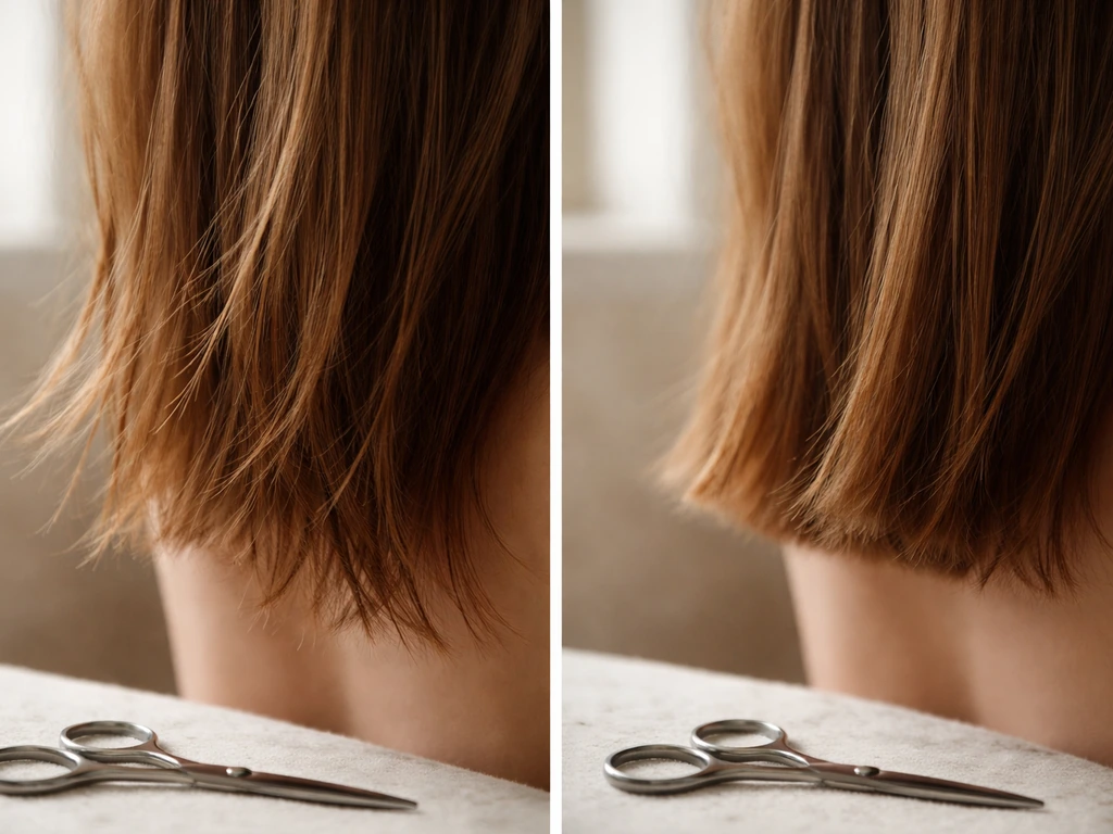Close-up of hair strands with visible split ends trimmed back to fresh, smooth ends in a simple bathroom setting.