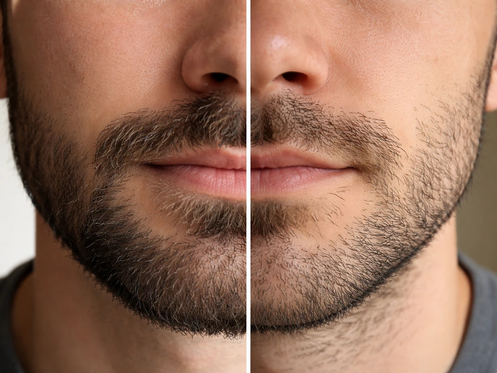 Split view of an adult’s upper face showing dense styled bar hair vs patchy scruff density