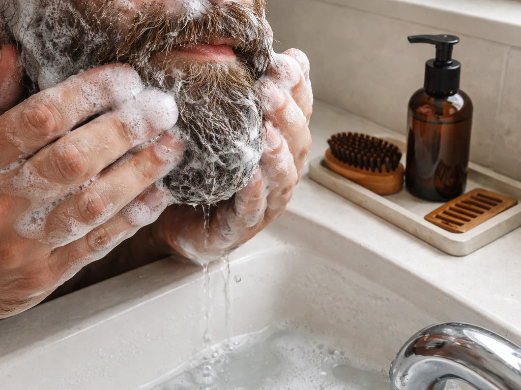 Hands washing a lathered beard in a tidy sink with beard brush/comb and beard wash nearby.