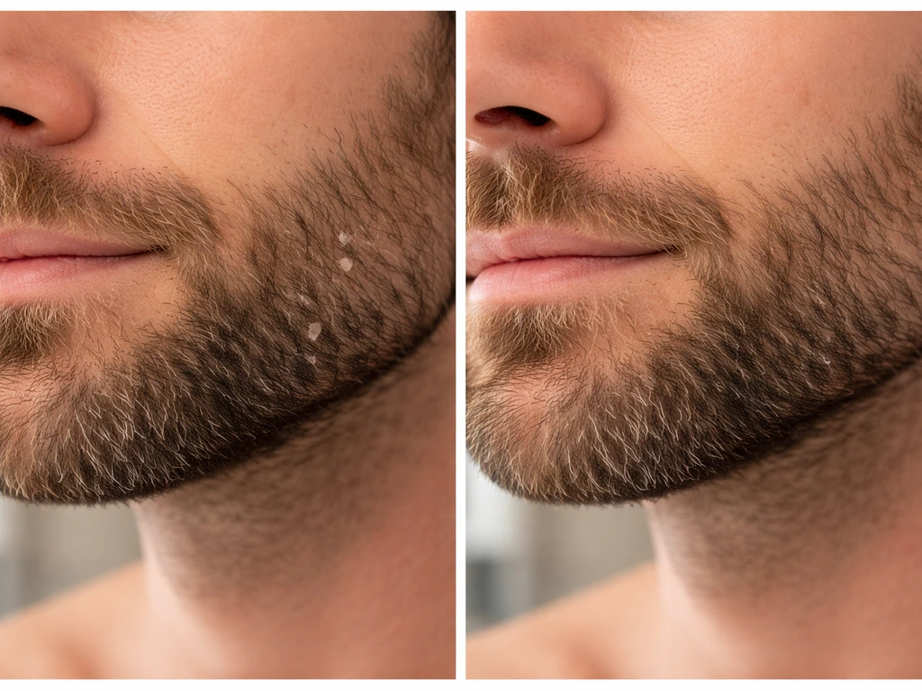 Close-up beard area showing dry, flaky irritation then the same area with calmer, healthier skin.