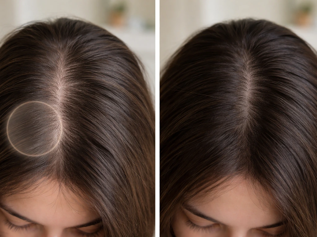 Close-up of a person’s scalp with patchy early hair growth transitioning to fuller regrowth after weeks.