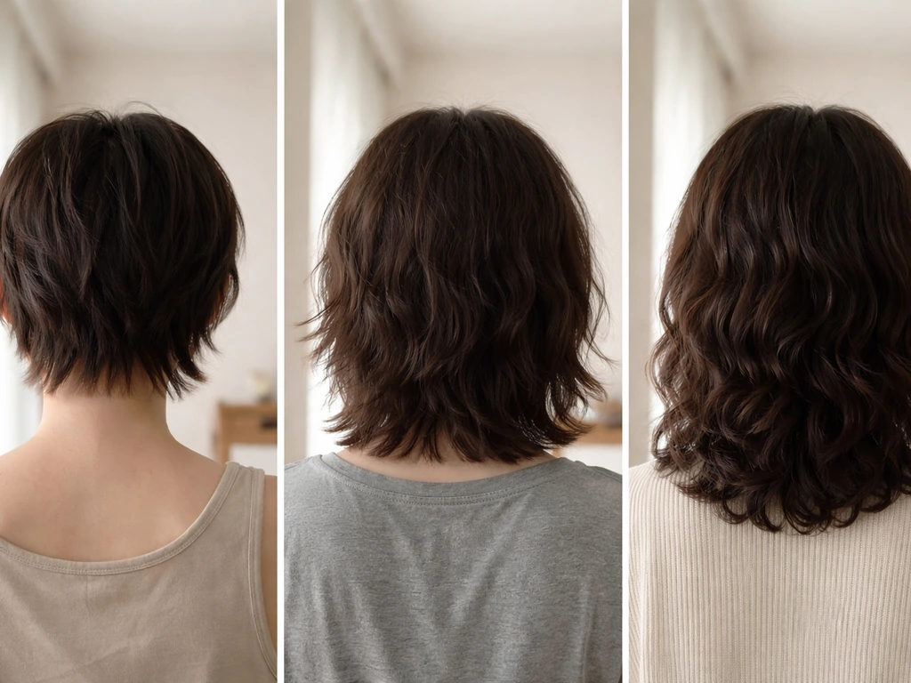 Three-panel view of one person’s hair at short, medium, and long grow-out stages under natural light.