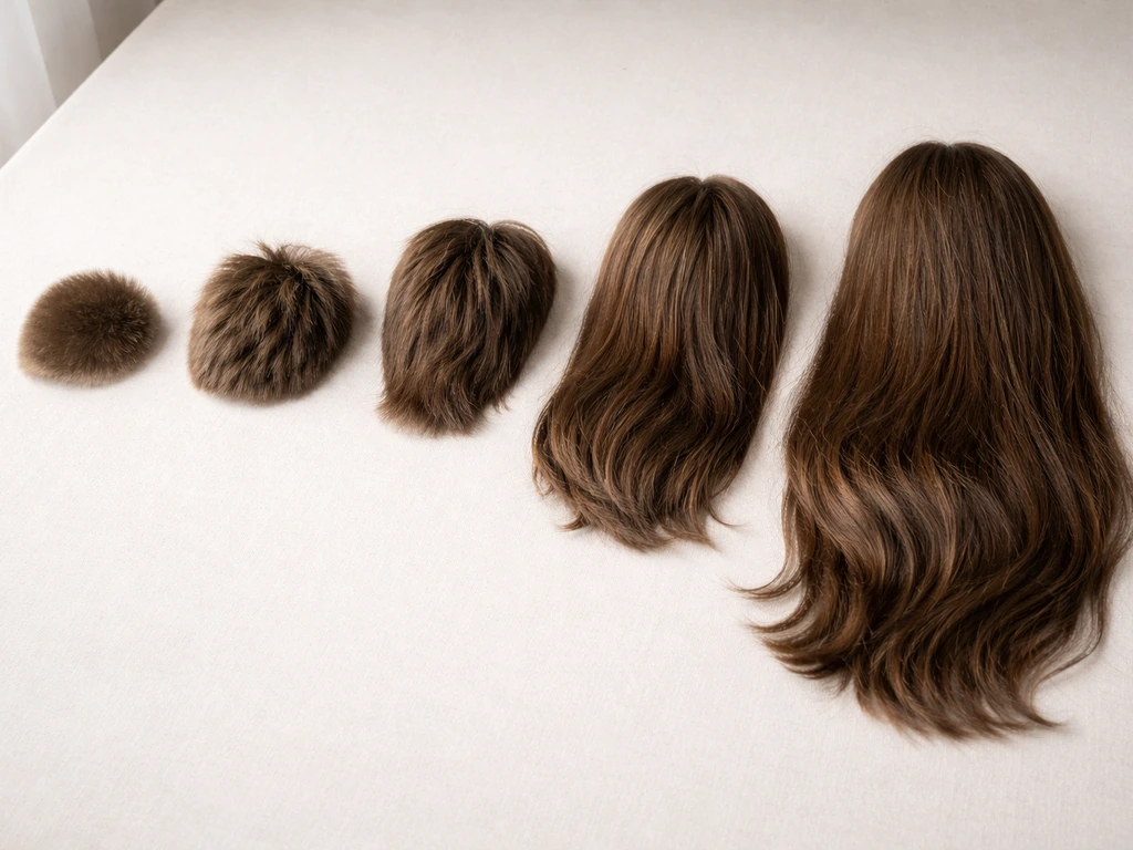 Collage of mannequin hair sections showing multiple grow-out lengths from buzz-cut to longer hair.