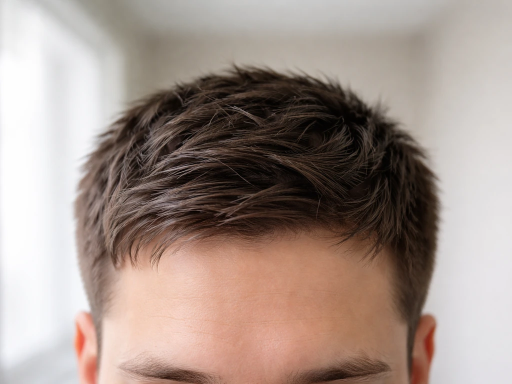 Close-up of neatly smoothed short hair with light pomade controlling puffiness and defining texture.