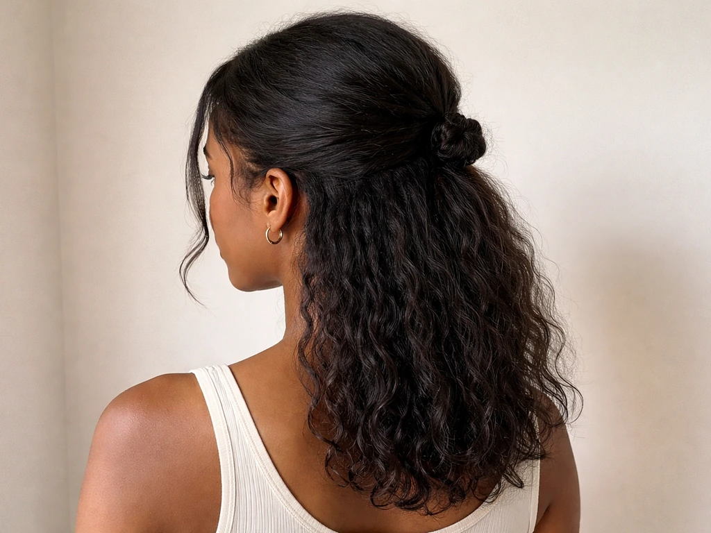 Medium-length hair in a half-up style with a small low ponytail detail, natural light.