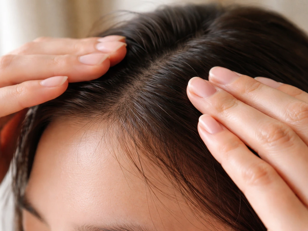 Close-up of short flyaway hairs being smoothed with a small amount of hair oil on fingertips.