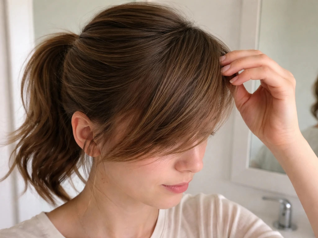 Anonymous person sweeping side-swept bangs across forehead in a mirror bathroom scene.