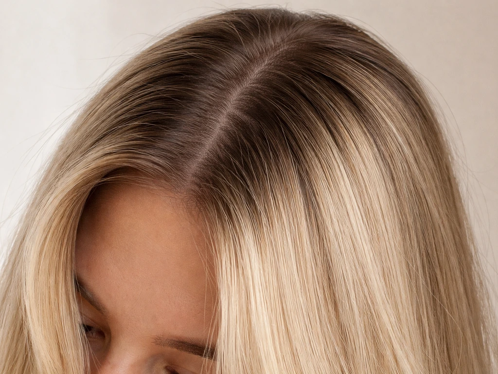 Close-up of hair grow-out transition: natural ruffled roots blending into straighter smoother lengths.