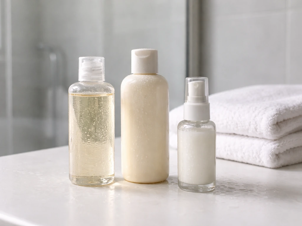 Shower-bottle and hair-care products arranged on a bathroom counter: shampoo, conditioner, and leave-in.