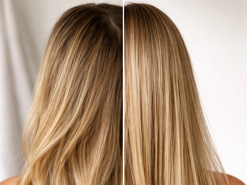 Close-up before/after hair regrowth: softer darker roots blending into shinier straightened ends.
