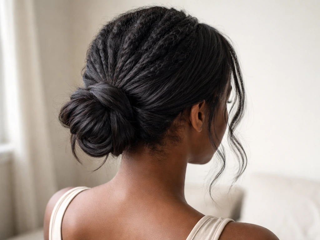 Woman’s hair in loose twists and a low bun with textured natural sections against straighter ends