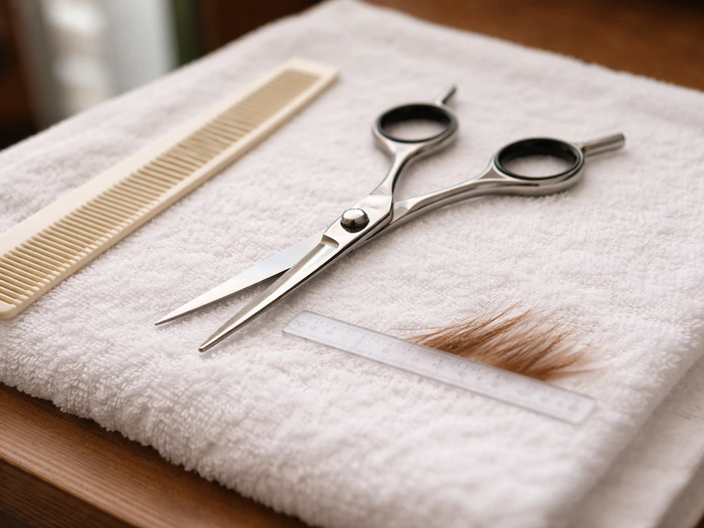 Barber tools beside hair strands with a small ruler showing a dusting/micro-trim length to remove