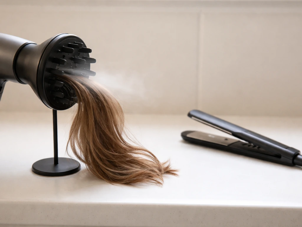 Hair dryer with diffuser next to a flat iron, showing gentle diffused airflow styling vs direct heat.