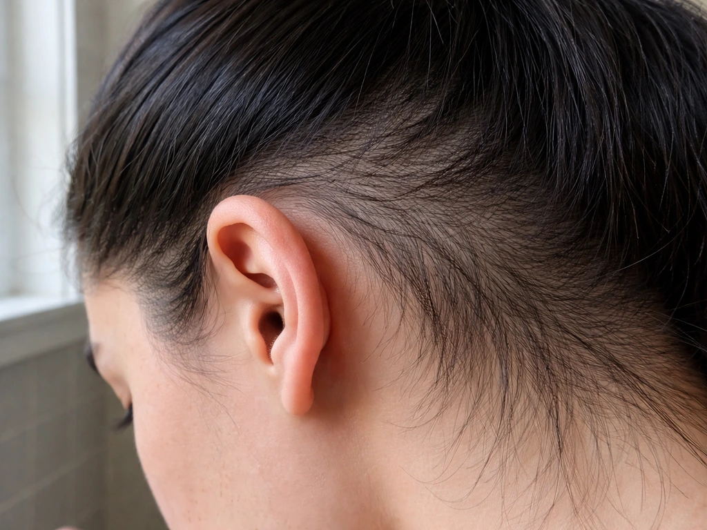 Close-up of hair regrowth showing uneven lengths and thickness in temple and nape areas