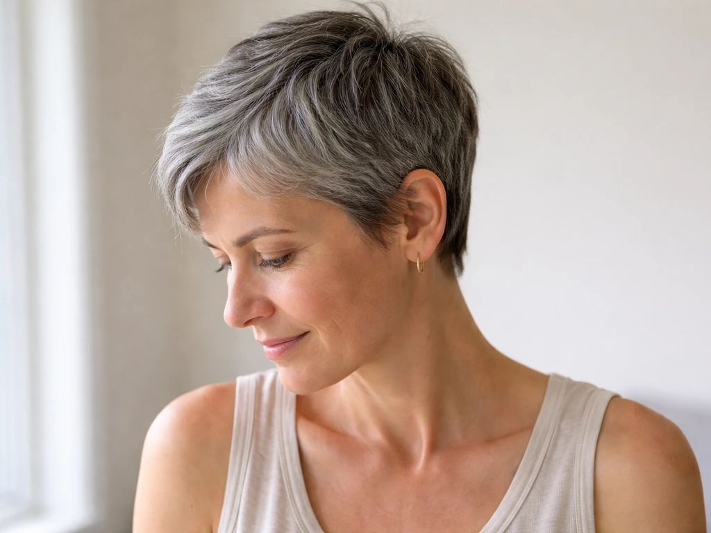 Person with natural grey hair at a flattering grow-out length, soft tone, in a simple bright home setting